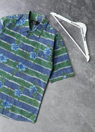 Винтажная гавайская футпринт рубашка с 90х. синяя зеленая море цветы волны. american vintage y2k ретро серф гавайка stussy dickies2 фото