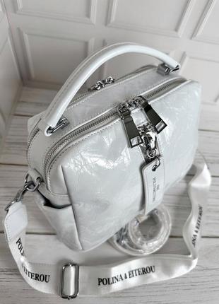 Женская кожаная лаковая белая сумка. клатч кожаный.кроссбоди. polina &amp; beiterou.2 фото