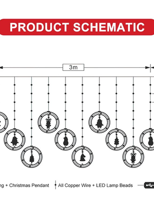Світлодіодна гірлянда-штора sv новорічний мікс 3м*0,5м usb-роз'єм (sv3590)7 фото