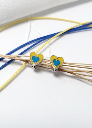 Серебряные детские серёжки (пара) серьги сердце с желтой и голубой эмалью серебро 925 пробы родированное 2062