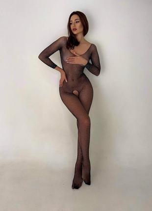 Сексуальний комбінезон з відкритим доступом в сітку зі стразами 18+ | еротична білизна