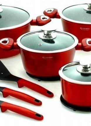 Набор посуды из 15 предметов edenberg с мраморным покрытием красный3 фото