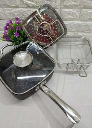 Сковорода-сотейник-фритюрниця з антипригарним мармуровим покриттям і з кришкою 24 см2 фото