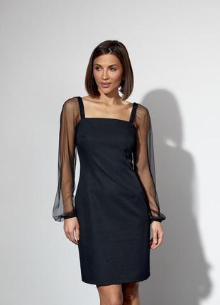 Базовое черное нарядное женское платье до колена с прозрачными рукавами 42, 44, 46, 483 фото