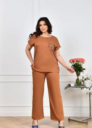 Костюм брючный женский летний классический легкий повседневный блузка футболка и прямые брюки большие размеры