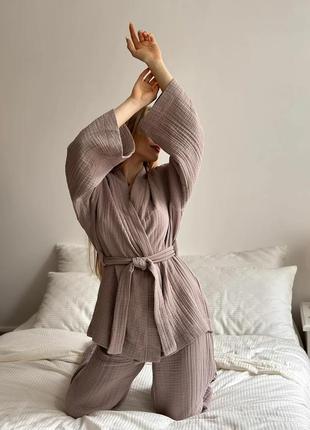 Пижамный комплект двойка, халат-кимоно + штаны, пижамный комплект (муслин), костюм для дома3 фото