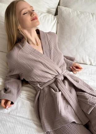 Пижамный комплект двойка, халат-кимоно + штаны, пижамный комплект (муслин), костюм для дома5 фото