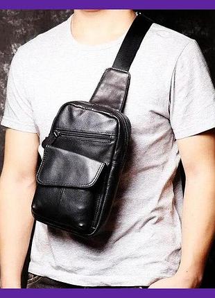 Стильная мужская кожаная бананка сумка на грудь, барсетка нагрудная из натуральной кожи черная