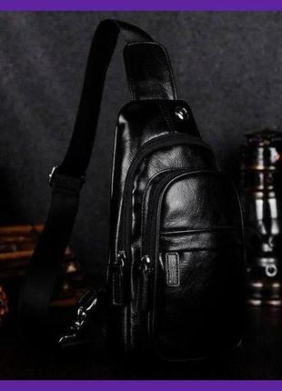 Красивая классическая мужская сумка бананка на грудь барсетка на плечо кросс боди черная экокожа