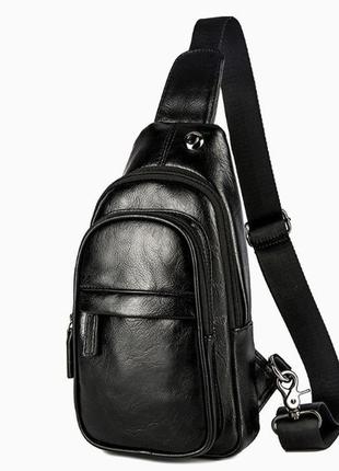 Красивая классическая мужская сумка бананка на грудь барсетка на плечо кросс боди черная экокожа4 фото