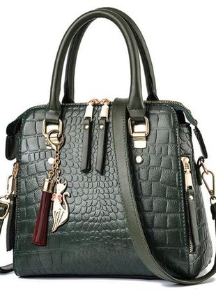 Стильная модная женская сумка через плечо с брелком, сумочка под рептилию змеиная эко кожа3 фото