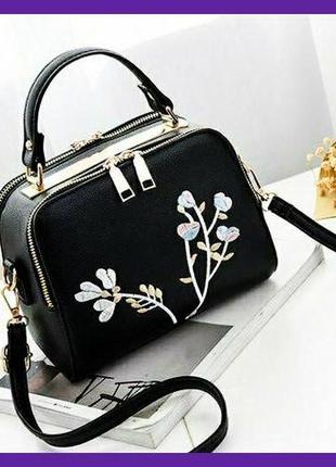 Жіноча міні сумочка клатч вишивка квіточки, маленька сумка на плече з квітами вишивкою чорна