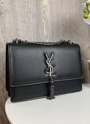 Стильна жіноча міні сумочка клатч ysl з ланцюжком, маленька сумка з віночком брелоком чорна люкс якість4 фото