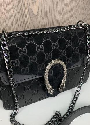 Женская сумочка в стиле gucci, маленькая замшевая сумка на цепочке, черная мини сумочка с подковой7 фото