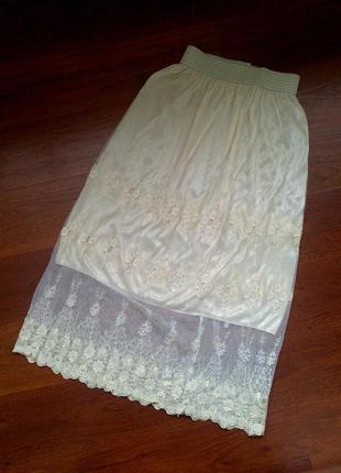 34-38р. длинная молочная гипюровая юбка с вышивкой