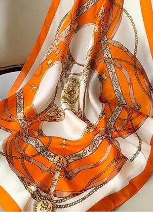 Платок шарф шелковый оранжевый на голову2 фото