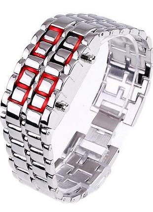 Годинник-браслет led watch iron samurai, сріблястий з червоними світлодіодами (ibw012sr)1 фото