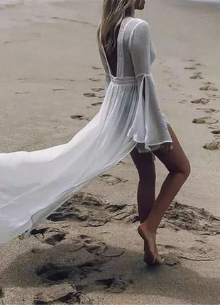 Пляжная туника из льна и открытой спиной, парео, накидка, платье с кружевом и рукавом1 фото
