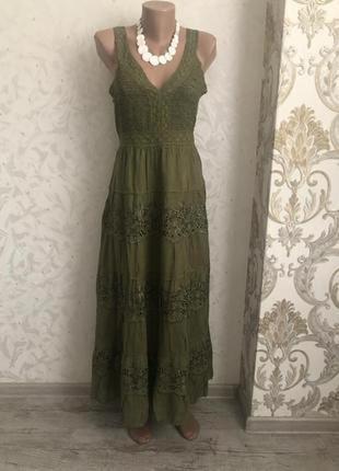 Сарафан длинный мереживо платье плаття зеленый хаки прошва выбитый вышитый4 фото
