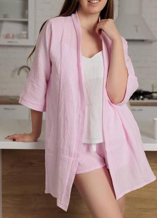 Натуральна муслінова піжама 3ка майка+шорти+халат домашній костюм s-xl 44-50