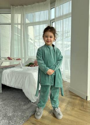 Дитячий домашній піжамний велюровий комплект 4 в 1 халат, штани, шорти та футболка зріст 105-1583 фото