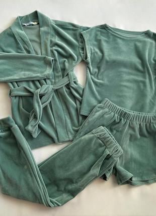 Дитячий домашній піжамний велюровий комплект 4 в 1 халат, штани, шорти та футболка зріст 104-1584 фото