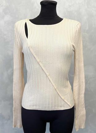 Світло- бежевий лонгслив в рубчик з асиметричним вирізом