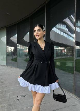 Шикарное стильное платье пиджак с плечиками с оборками с рюшами чёрное короткое вечернее ретро пинап элегантное