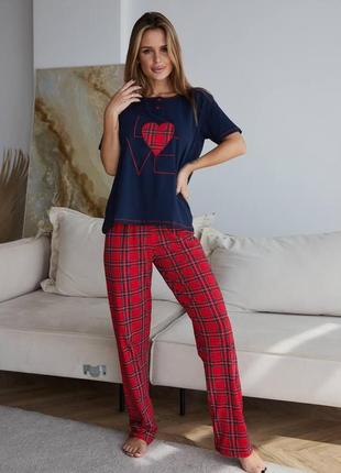 Жіноча піжама бавовняні картаті штани футболка з серцем розміри s-l