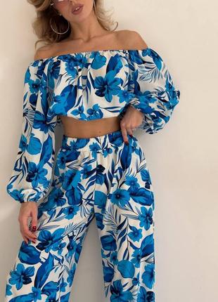 Костюм топ + штаны в цветы синий малина зелёный комплект укороченная блуза с открытыми плечами с рукавами фонариками брюки широкие палаццо на резинке