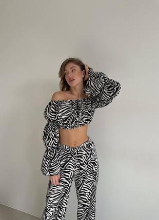 Костюм топ + штаны зебра  черный белый комплект укороченная блуза с открытыми плечами с рукавами фонариками брюки широкие палаццо на резинке