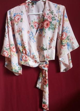 Блуза топ с запахом цветочный принт нежно розовый цвет восточный стиль6 фото