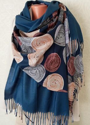 Теплий кашеміровий шарф палантин, двосторонній, синій, багато варіантів2 фото
