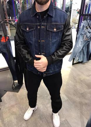 Чоловіча джинсівка тепла з шкіряним рукавом , якісна жилетка для чоловіків весняна рукав шкіряний1 фото