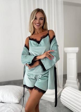 Пижама тройка женская велюровая халат, шорты и майка  разм.42-52