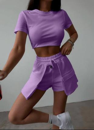 Костюм: шорти-спідниця міні і топ фіолетовий бежевий меланж стильний якісний