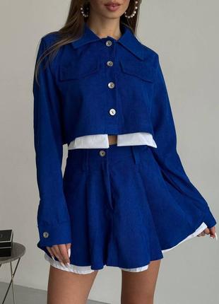 Костюм женский оверсайз пиджак на пуговицах юбка короткая на высокой посадке качественный стильный трендовый электрик хаки1 фото