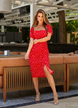 Платье женское летнее/весеннее в цветы 42-48 красное, белое, бежевое, черное5 фото