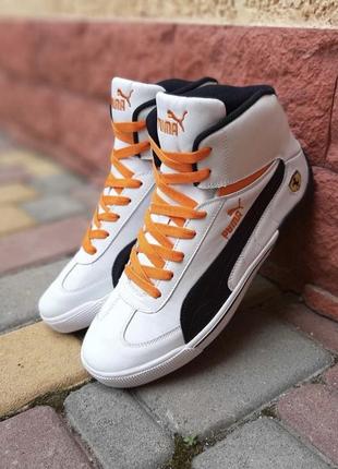 Скидка‼️ высокие мужские кроссовки puma ferrari белые с черным с оранжевым / кроссы пума феррари, мужская демисезонная обувь
