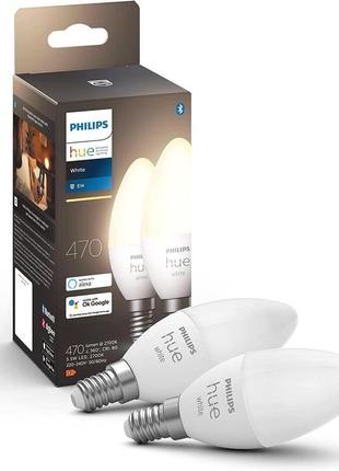 Philips hue white e14 lamp twin pack 2 x 470 lm, затемнение, теплый белый свет, управление через приложение, с