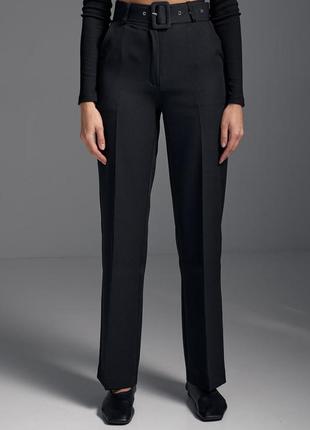 Классические черные прямые женские брюки с широким ремнем модного фасона размер 42