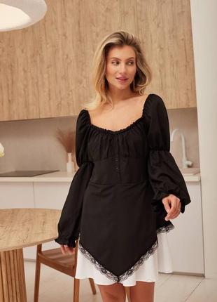 Сукня із корсетом на спині міні з обʼємними рукавами і мереживом бордова чорна стильна якісна10 фото