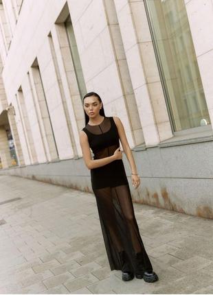 Костюм чорний: топ+ шорти приталені міні+ сукня з сітки довга вільного крою трендовий стильний6 фото