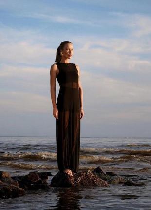 Костюм чорний: топ+ шорти приталені міні+ сукня з сітки довга вільного крою трендовий стильний3 фото