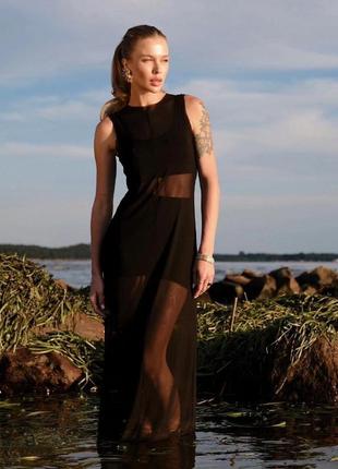 Костюм чорний: топ+ шорти приталені міні+ сукня з сітки довга вільного крою трендовий стильний2 фото