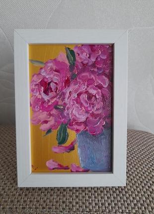 Картина букет рожевих півоній у вазі, двп, олія