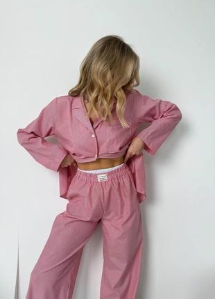Піжама трійка жіноча котонова в смужку сорочка, штани та шорти розм.42-48