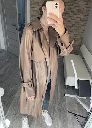 Тренч еко шкіра шкірзам плащ коричневий капучино