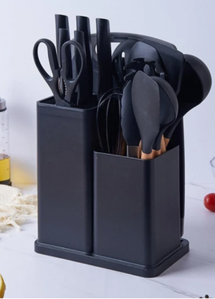 Силіконовий кухонний набір приладдя з дерев'яною ручкою kitchenware set 19 предметів чорний