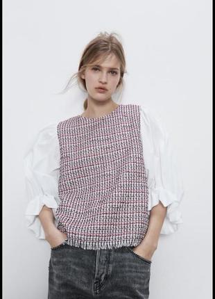 Zara твидовая блуза с широкими рукавами